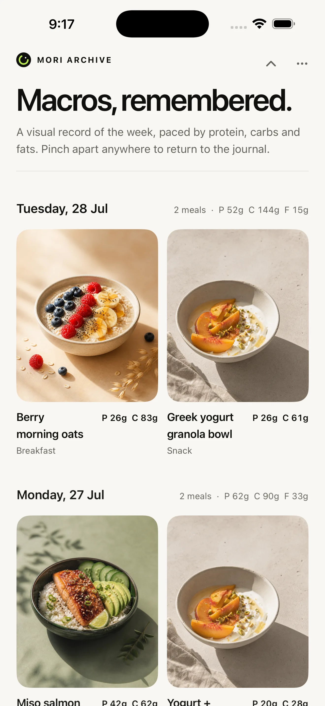 Mori visual meal atlas with image-led weekly food history